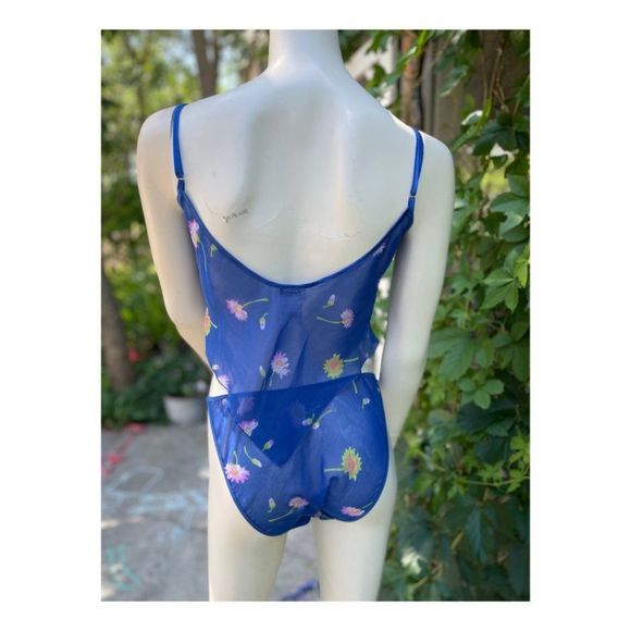 Vtg | 90s La Senza Blue Floral Lingerie Set Sleepwear Cami Panty Hankerchief Med - Picture 6 of 7